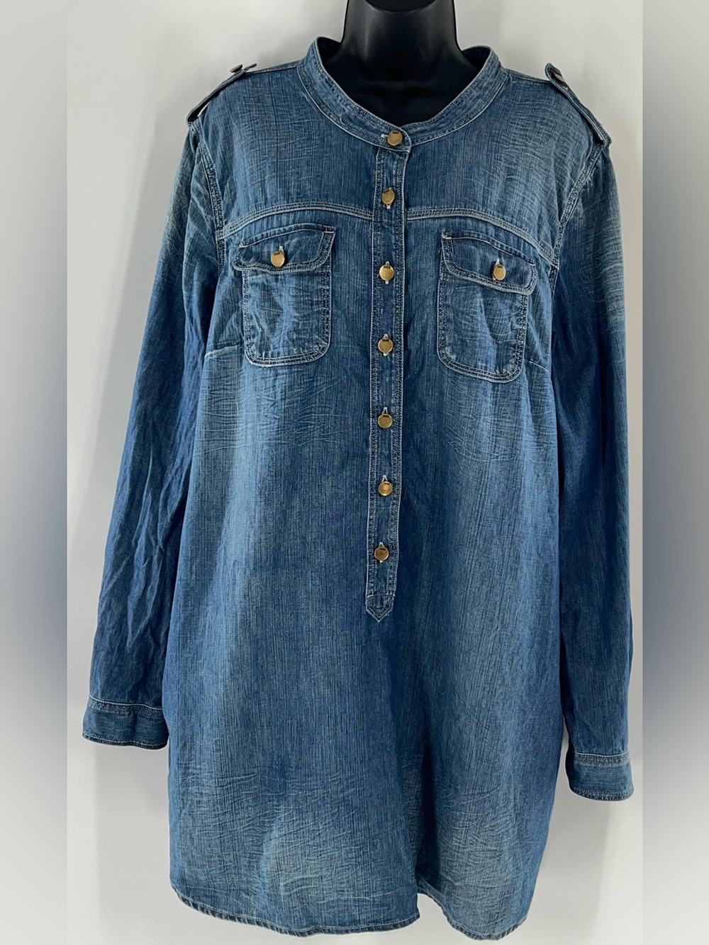 GAP 1969 Women’s Indigo Denim Tunic/Mini Shirt Dress w/Whiskering-Dark Blue-XXL